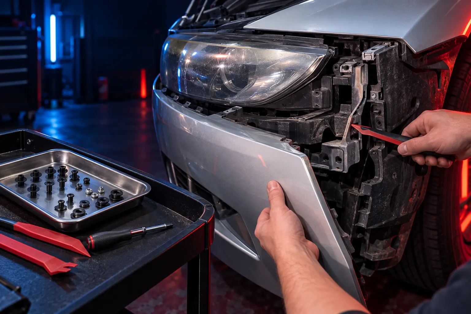 Desmontaje controlado del parachoques para acceder al faro BMW