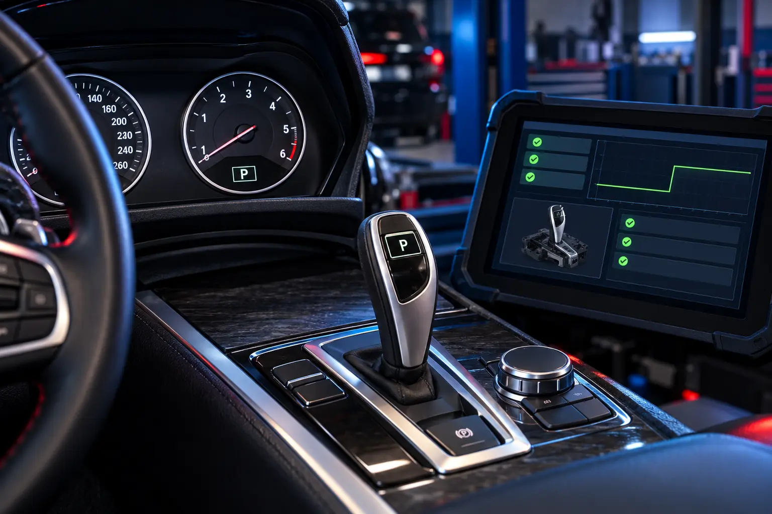 Selector BMW reparado con posición Park validada