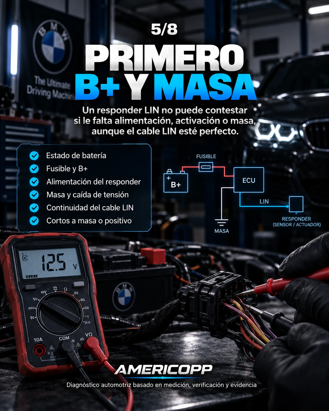 Diagnóstico LIN: comprobar primero batería, B positivo, fusible, alimentación, masa y continuidad