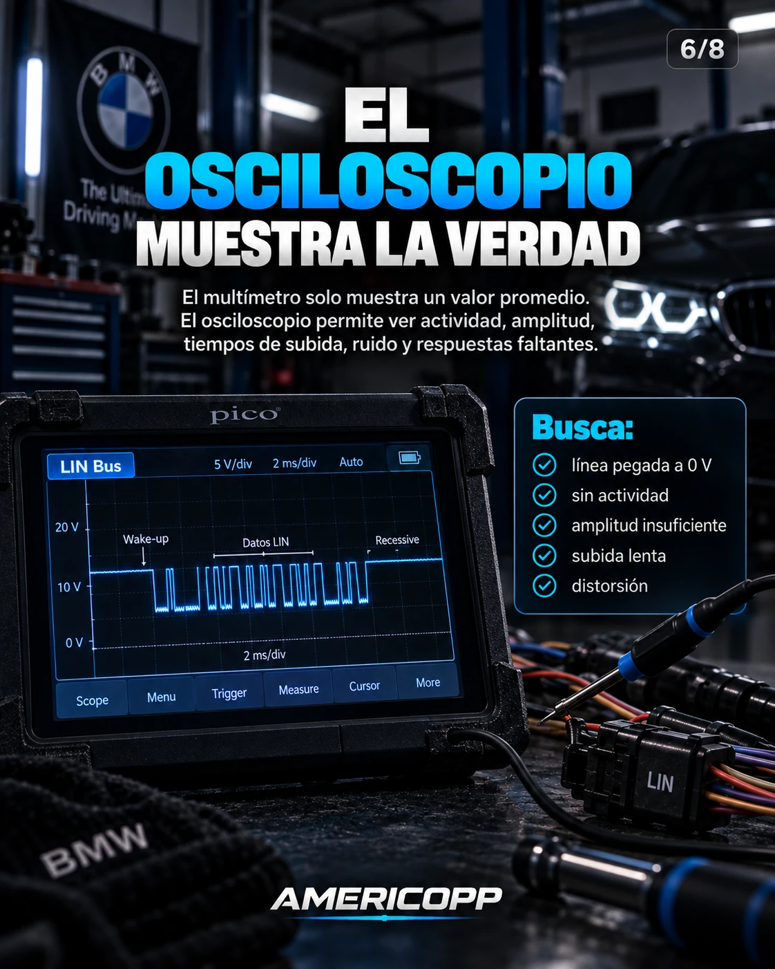Osciloscopio LIN: revisar actividad, amplitud, subida lenta, ruido, distorsión y respuestas faltantes